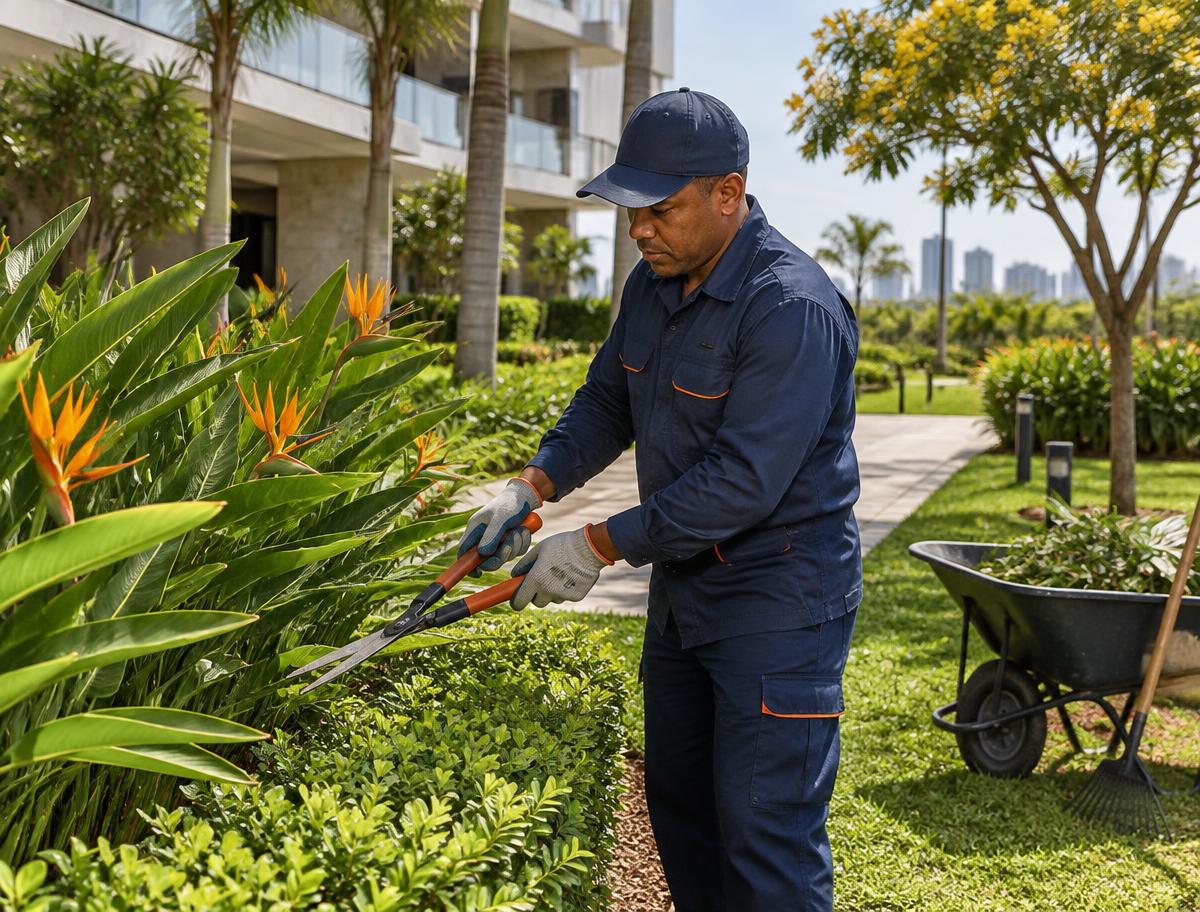 Jardineiro brasileiro cuidando de uma área verde
